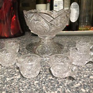 Antique EAPG Childrens Glass Punch Bowl Set with 6 Cups